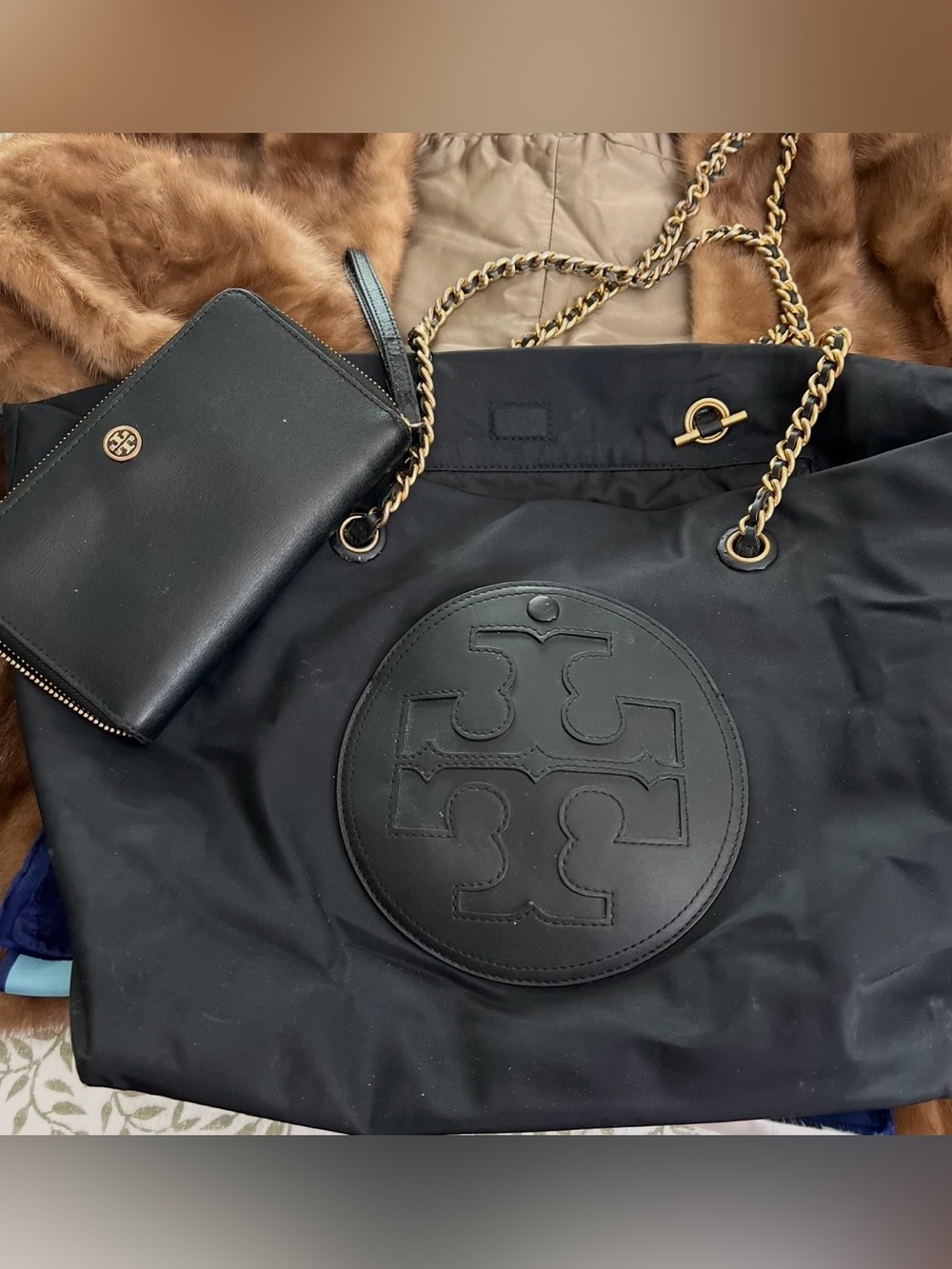 Tory Burch Black Nylon Tote with Gold Chain Straps and Wristlet